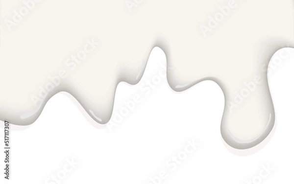 Fototapeta Creamy liquid, yogurt cream, ice cream or milk melting and flowing. White creamy drips. Simple cartoon design on white background. Template for banner or poster. Realistic vector illustration.