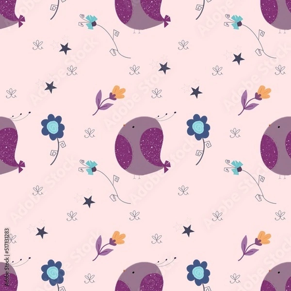 Fototapeta seamless pattern birds and flowers on a pink background