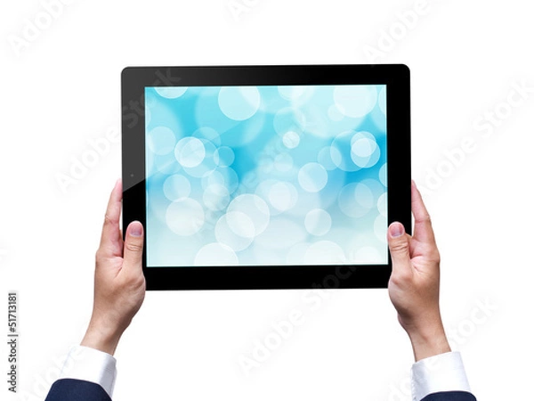 Fototapeta hand holding a tablet with isolated on white