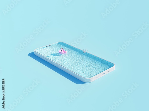 Fototapeta 3D rendering of pool in smartphone case on blue surface
