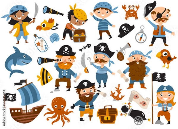 Fototapeta Cute pirate set with ship, shark, crab, octopus, treasure, fish and parrot.Perfect for scrapbooking, greeting card, party invitation, poster, tag, sticker kit. Hand drawn vector illustration