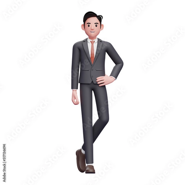 Fototapeta businessman in formal suit standing with hand on waist and legs crossed, 3D render young businessman character illustration