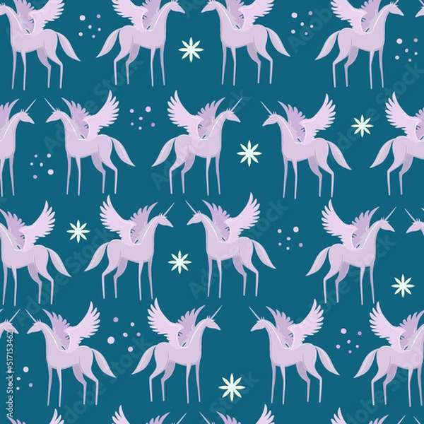 Fototapeta Pegasus with wings and horn. Black stylized horses. Seamless pattern. Vector.