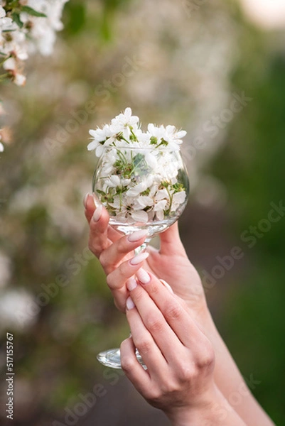 Obraz A glass with spring flowers in the hands of a well-groomed girl