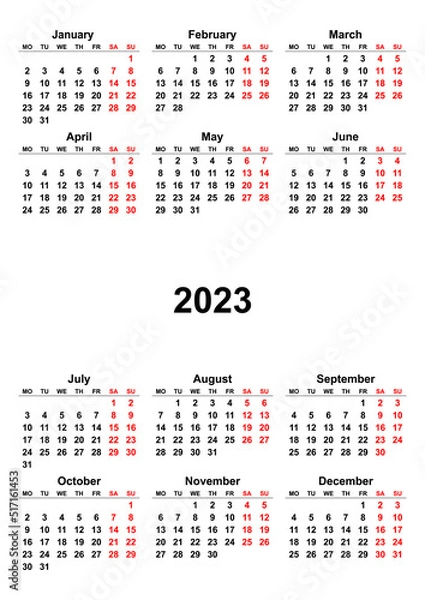 Fototapeta Calendar 2023 Year template. First day monday. Annual Vertical mockup. Classic simple minimal design. Black numbers and red weekends on white background.