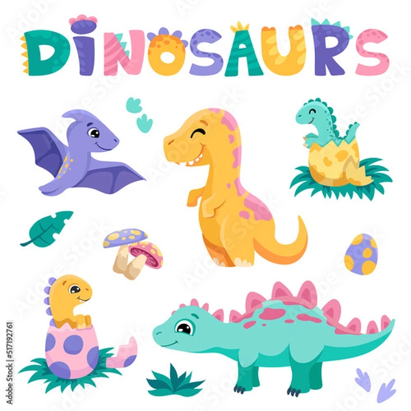 Fototapeta Cute dino collection with baby dinosaurs isolated on white background. Vector cartoon illustration for children design, kids print, baby shower decor.