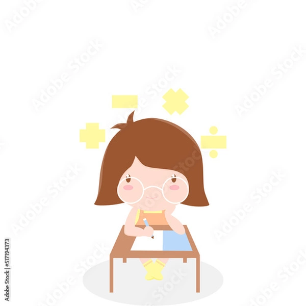 Fototapeta A cartoon little girl with brown short hair and eyes holding a pencil, writing and thinking in the middle of white and gray background with space. Studying mathematics concepts. Vector Illustration