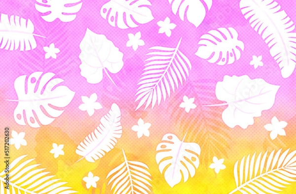 Obraz モンステラと夏の植物、ピンクと黄色の明るい背景