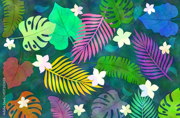 Obraz モンステラと夏の植物、カラフルな背景
