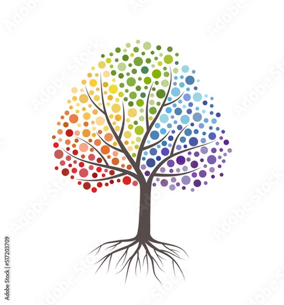 Obraz Abstract tree with roots and colorful  leaves. Isolated on white background. Flat style, vector illustration.