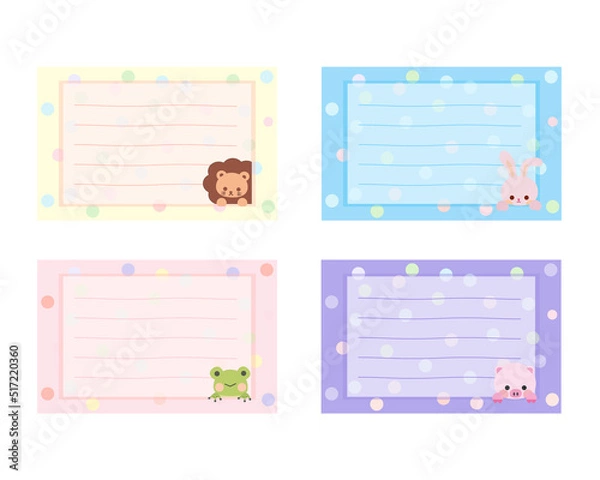 Obraz Cartoon cute little animal sticky notes. Memo, sticker, label empty for text. Little animal to do list card. Isolated on white background, vector, illustration, EPS10