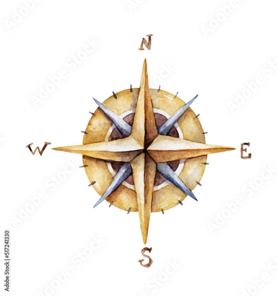 Fototapeta Compass watercolor. Peace, symbolism. Navigation, cardinal directions. Reference point