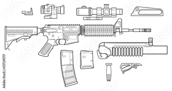 Obraz Vector drawing of an popular M4 assault rifle with adjustable stock and equipment such as a magazines, optical sights, collimator, granade launcher and handgrips on a white background