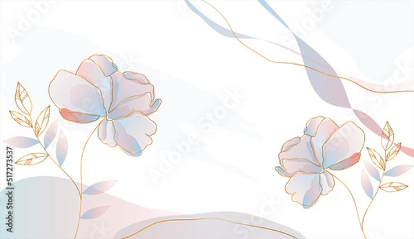 Obraz Spring kwiatowy w tle wektora akwarelowego. Luksusowy projekt tapety kwiatów z różowymi kwiatami, sztuką liniową, złotą konsystencją. Elegancka złota ilustracja botaniczna odpowiednia do tkaniny