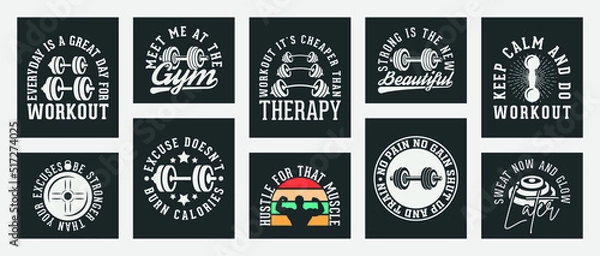 Obraz collection of ten vector gym t-shirt designs, gym t-shirt design set, vintage gym workout t-shirt design collection, typography gym workout t-shirt collection, retro style vector t-shirt collection