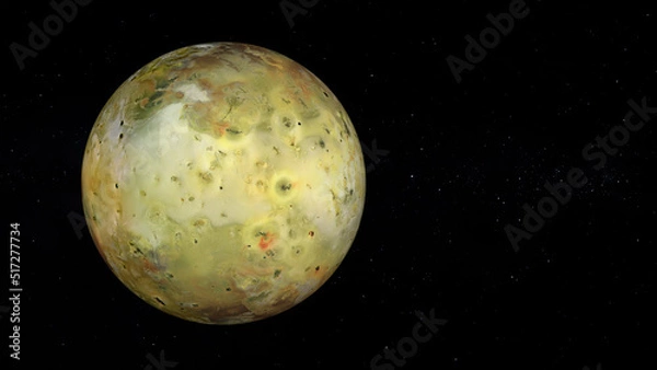 Obraz Jupiter's moon Io with text space on the right. Realistic 3D render of Io and stars. Io in space.