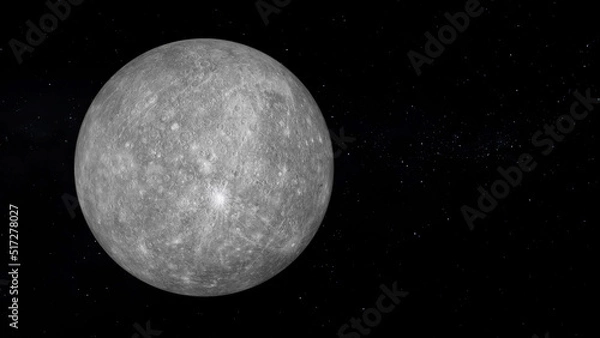 Obraz Planet Mercury with text space on the right. Realistic 3D render of mercury and stars. Mercury in space.
