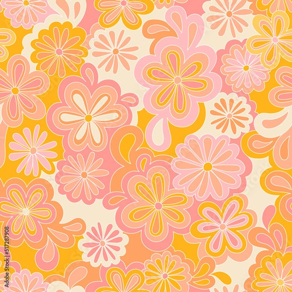 Fototapeta Floral psychedelic hippie seamless pattern. Vector nostalgic retro flowers, 60s groovy print. Vintage 70s background. Textile and surface design with old fashioned hand drawn abstract floralel ements