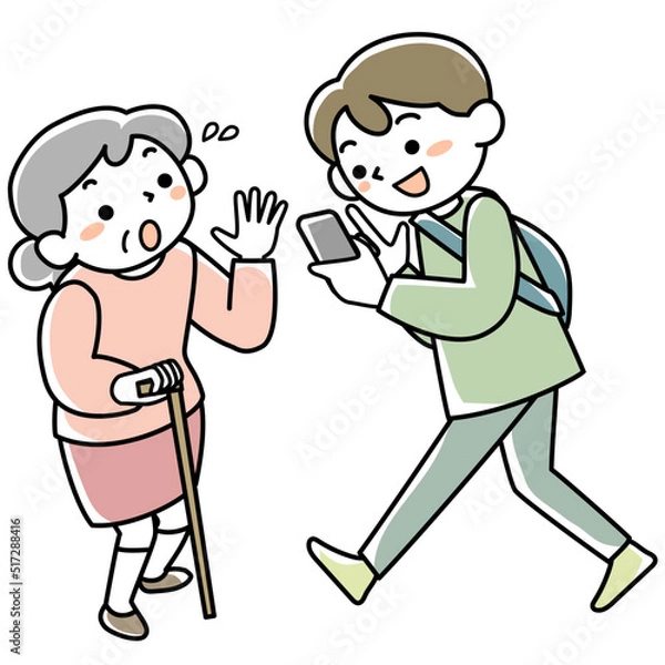 Fototapeta 歩きスマホをする若者とぶつかりそうになって驚くシニア女性