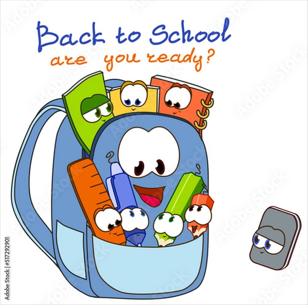 Fototapeta Back to school vector banner design with colorful funny school characters, educational, pen, pencil, eraser, ruler.  First day in school. School supplies in a backpack. Flat cartoon vector