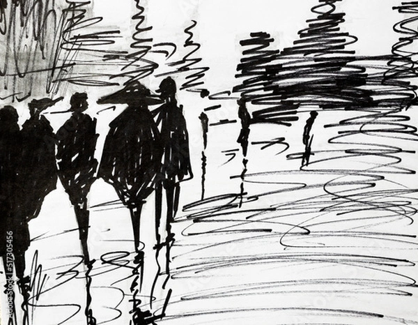 Fototapeta painting abstract city and silhouettes of people. Abstract artistic background. black and white