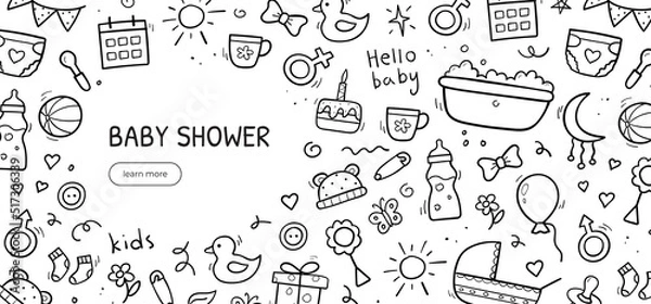 Obraz Hand drawn horizontal banner of baby objects and elements. Background template design. Vector illustration.
