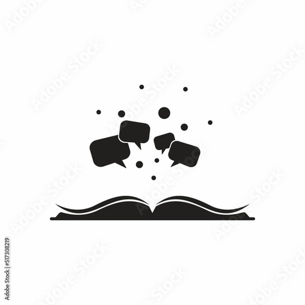 Fototapeta Open book with speech bubble flying out. Isolated on white background. Flat reading icon illustration. quotation, citation logo. Tint, hint, quote concept