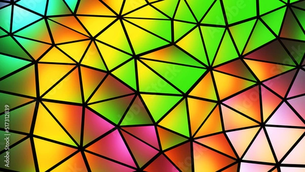 Fototapeta Abstract colorful mosaic background, multicolored polygons on black, triangle shapes stained glass, 3D render illustration.