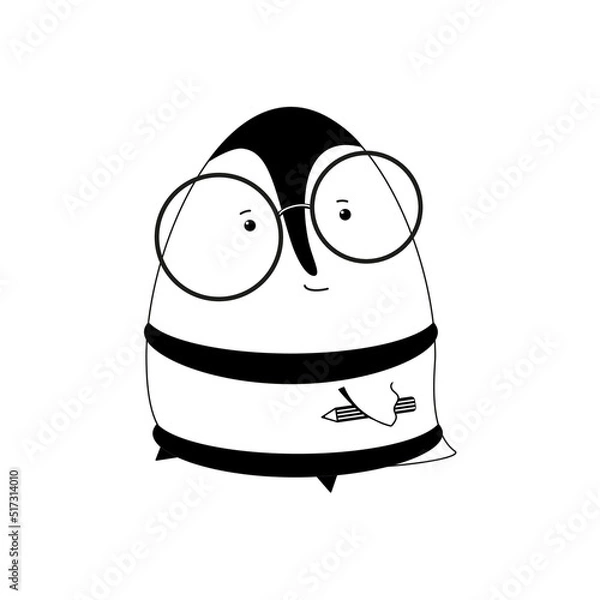 Obraz Vector illustration on a white background - a cartoon penguin chick with a pencil in the wing.