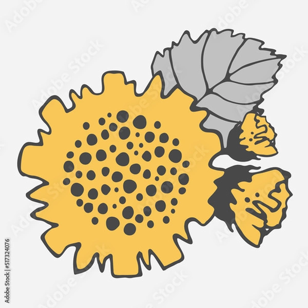Fototapeta Stylized sunflower vector drawing with large flowers and buds on a branch, varied foliage. yellow and gray leaves. Botany for printing products from fabric, covers, paper, upholstery, curtains