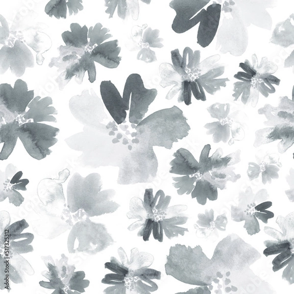 Fototapeta Seamless watercolor floral pattern. Allover abstract botanical print in shades of grey. 