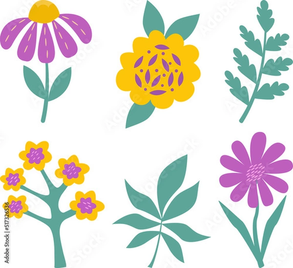 Fototapeta A set of stylized colors highlighted on a white background. Vector flowers in cartoon style, for greetings, weddings, flower design, web design.