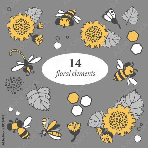 Fototapeta Stylized vector objects single elements on the theme: sunflowers with large flowers and buds on a branch, diverse foliage. yellow and gray leaves, bees, honeycombs, honey, hank and dragonfly.