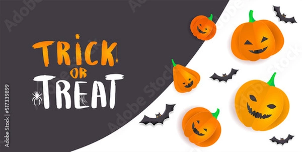 Fototapeta Design template with 3D paper pumpkins with Halloween faces. Black background