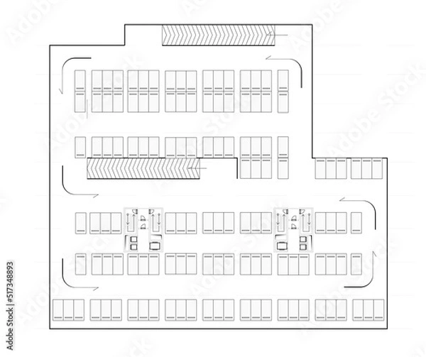 Fototapeta 2d conceptual architectural drawing of a closed parking lot at basement floor of an office building.  Vehicle circulation directions are marked with arrows. 