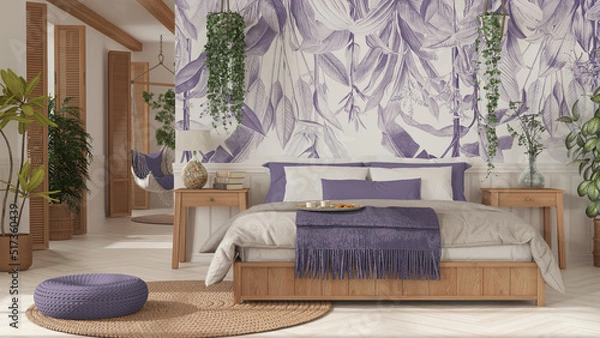 Obraz Farmhouse wooden bedroom in boho style in white and purple tones. Double bed, hanging chair and potted plants. Window with shutters and wallpaper. Country vintage interior design