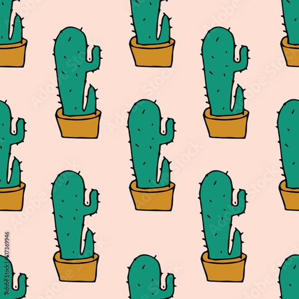 Fototapeta Vector white background plant in pot, succulents seamless pattern. Seamless pattern background