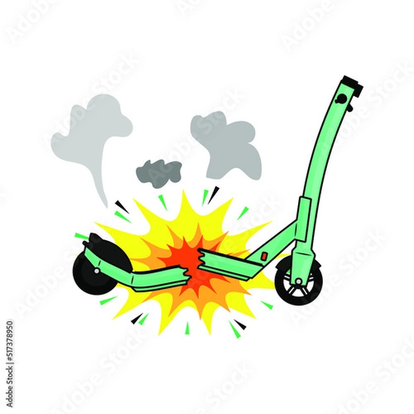 Obraz E-scooter broken in half after battery explodes. Vector illustration.