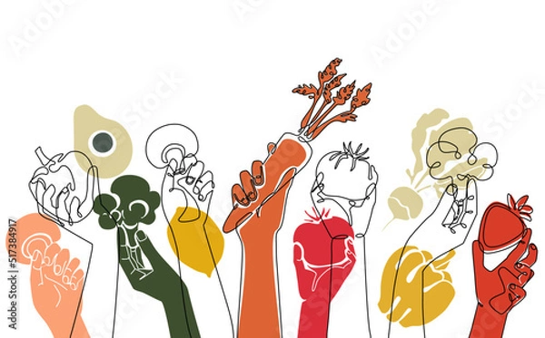 Fototapeta Creative background with Hands holding different organic  food. Horizontal Cooking Pattern. Illustration on a Healthy eating theme.  Vector illustration.