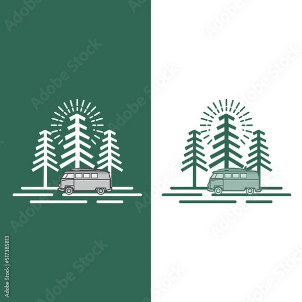 Fototapeta Travel with camper van. Adventure, vintage car, outdoor recreation, adventures in nature, vacation. vector illustration in flat design.