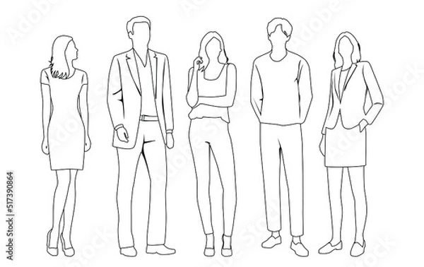Fototapeta Vector silhouettes of  men and a women, a group of standing  business people,  linear sketch, black and white color isolated on white background
