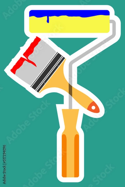 Obraz Paint brush and paint roller on green background