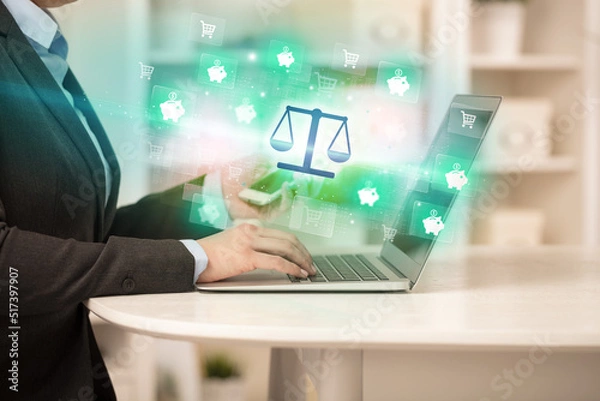 Fototapeta Businessman working on laptop with new business