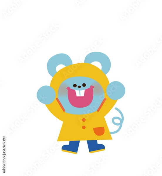 Obraz 雨でカッパを着れるのが大好きなねずみさんのイラスト