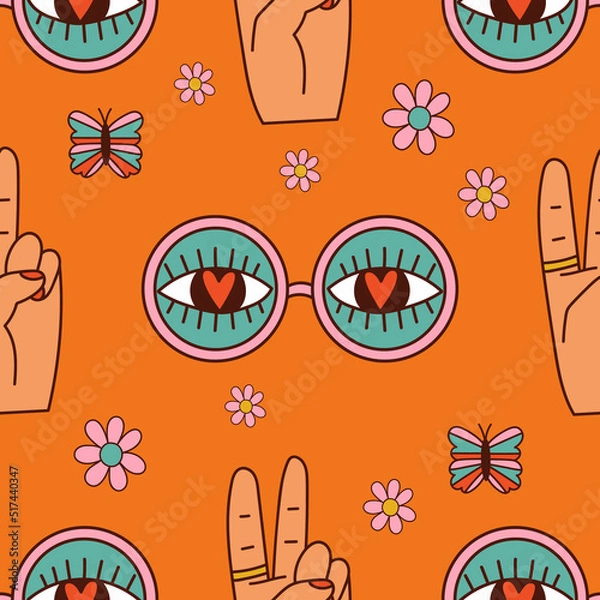 Fototapeta Groovy trippy seamless pattern with sunglasses and peace. 1970 style. Vector illustration
