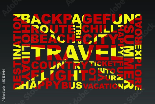 Fototapeta Macedonia flag shape of travel keywords, travel concept, abroad vacation idea, simple flat design, Macedonia flag mask on holiday words, tourism banner