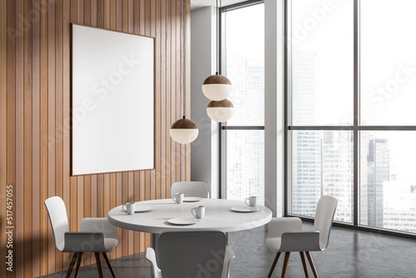 Fototapeta Light dining room interior with table and chairs, panoramic window. Mockup frame
