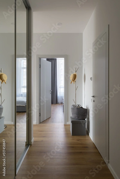 Obraz corridor in a modern apartment with light walls, coat rack in the apartment