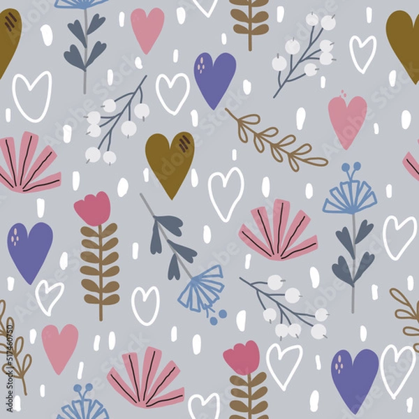 Fototapeta Seamless floral pattern with flowers, leaves, grass, hearts and hand drawn dots. Used for wallpaper and textiles.cartoon vector illustration
