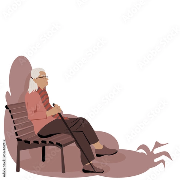 Fototapeta A old woman sitting alone on chair in park .Side view of one elder lady holding cane sitting on bench in the park on white background.Vector isolate flat insulation design concept For retirement